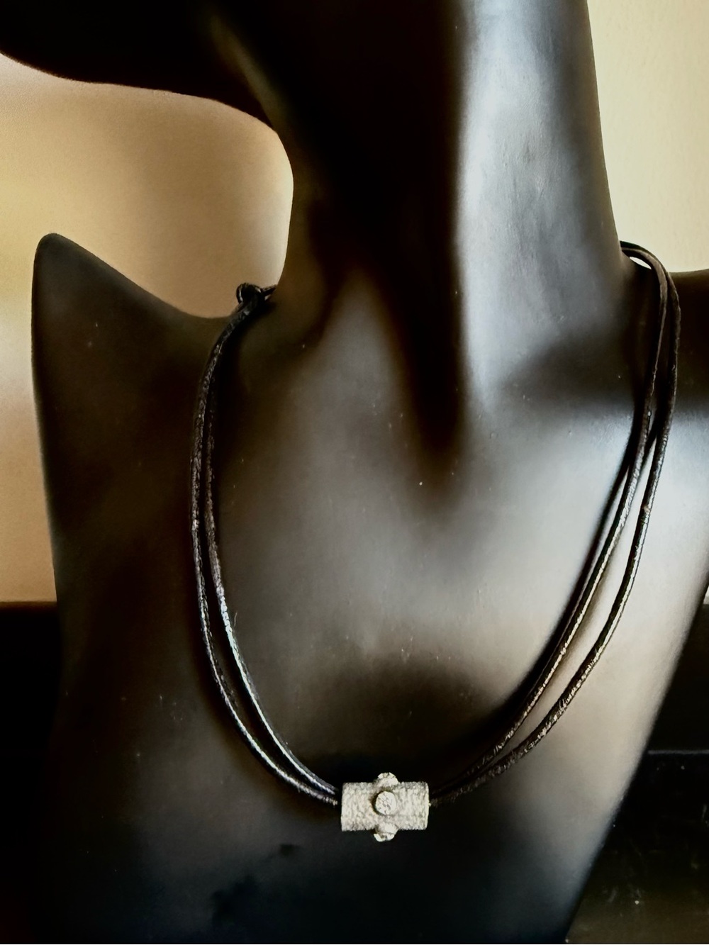 Black Leather Cord Necklace with Textured Silver Accent